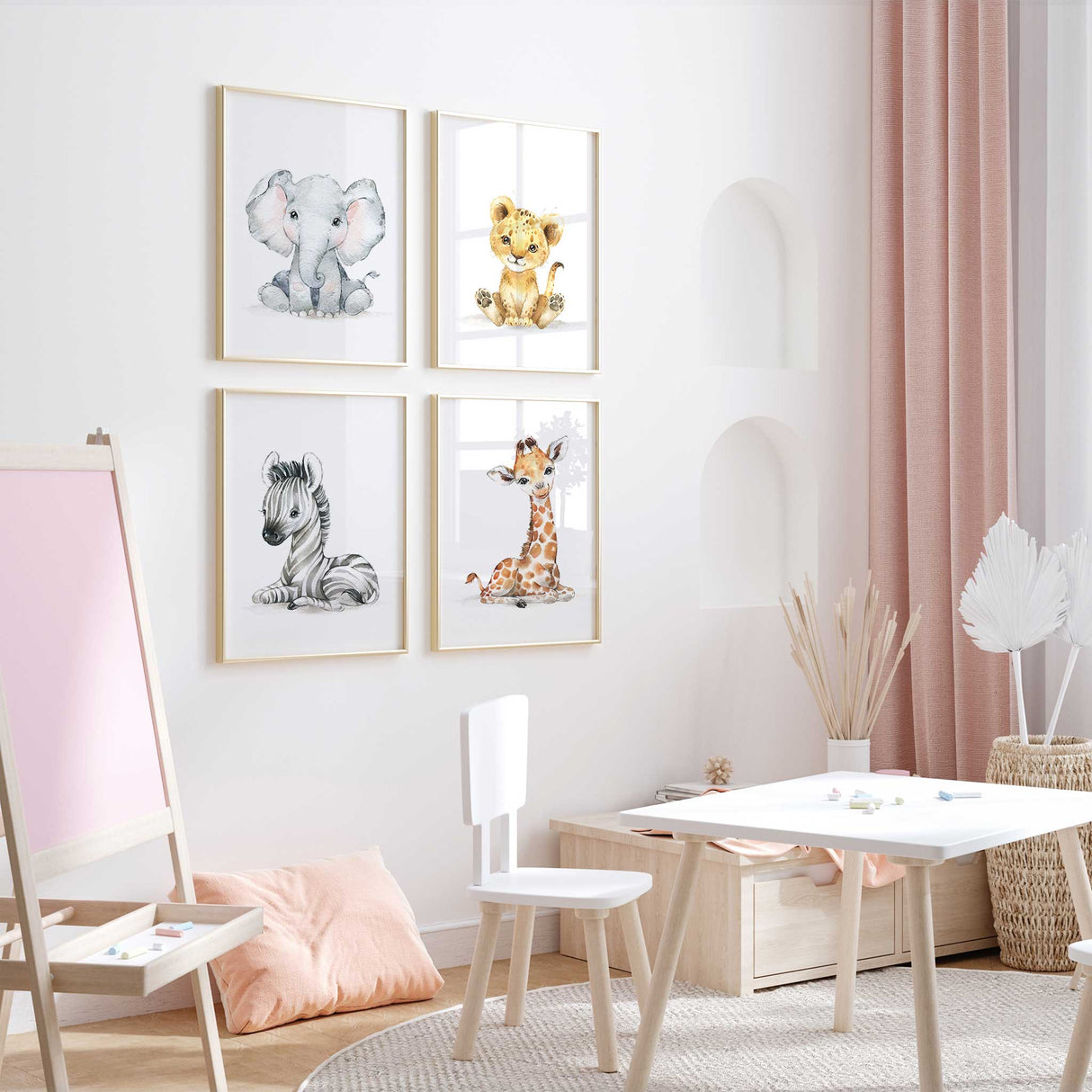 Jungle animal prints featuring zebra and giraffe for nursery wall décor