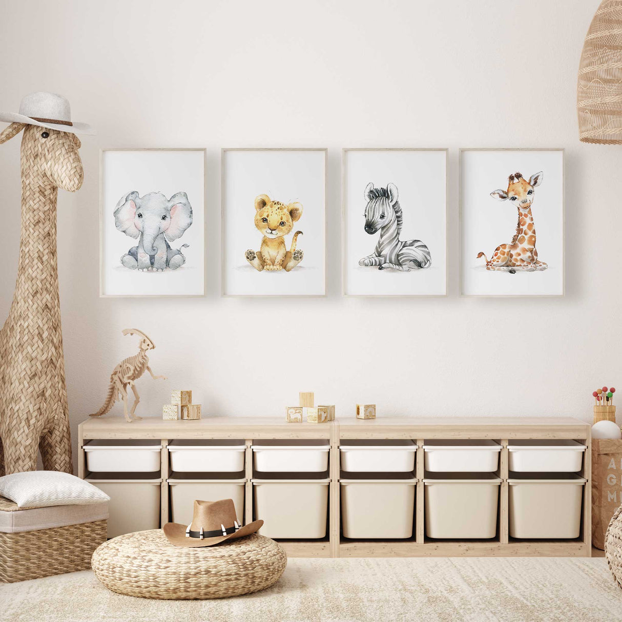 Safari animal nursery wall art set of 4 prints – lion, elephant, zebra, giraffe