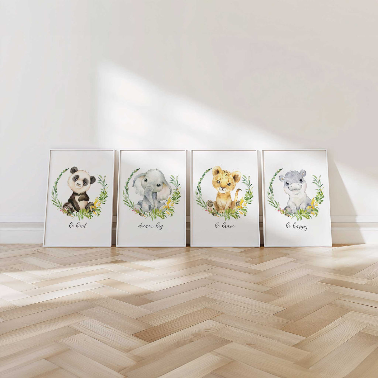 Safari nursery art set with lion, hippo, elephant, and panda featuring inspirational quotes