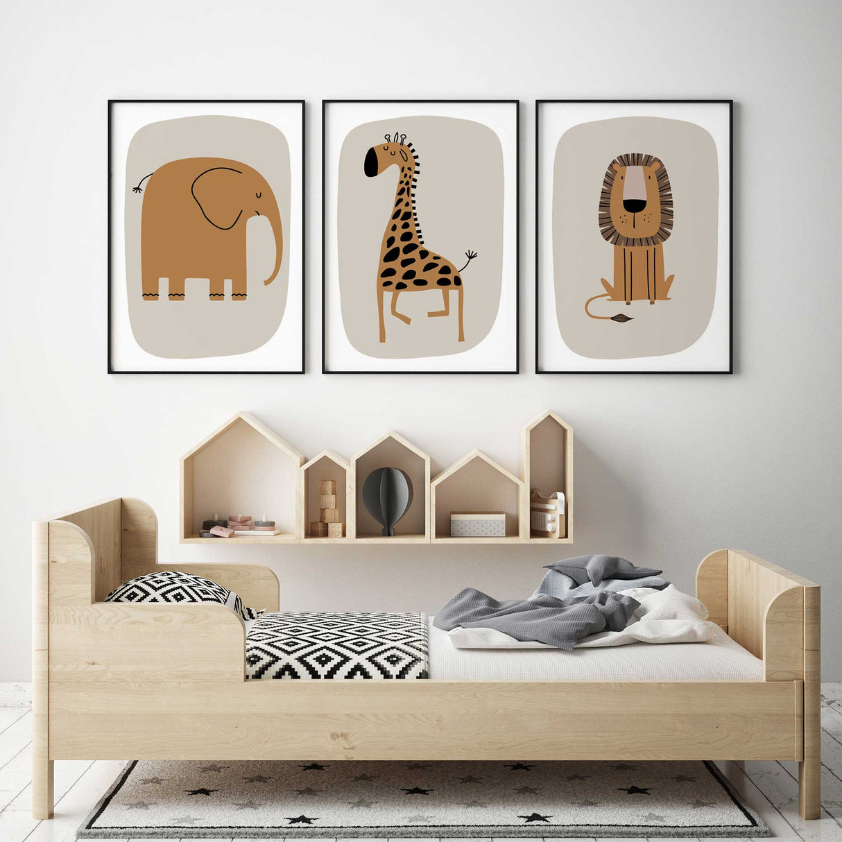 Safari-themed nursery prints of an elephant, giraffe, and lion on a beige background for calming kids' room decor.