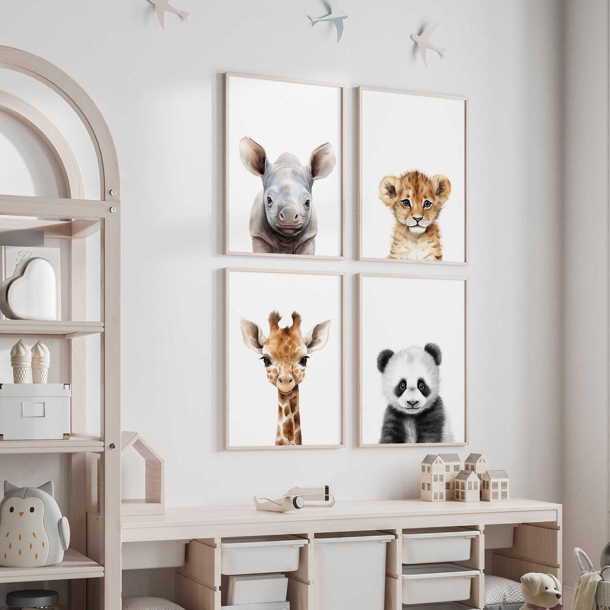 Set of safari animal prints for a neutral nursery, featuring cheetah, lion, giraffe, and more.