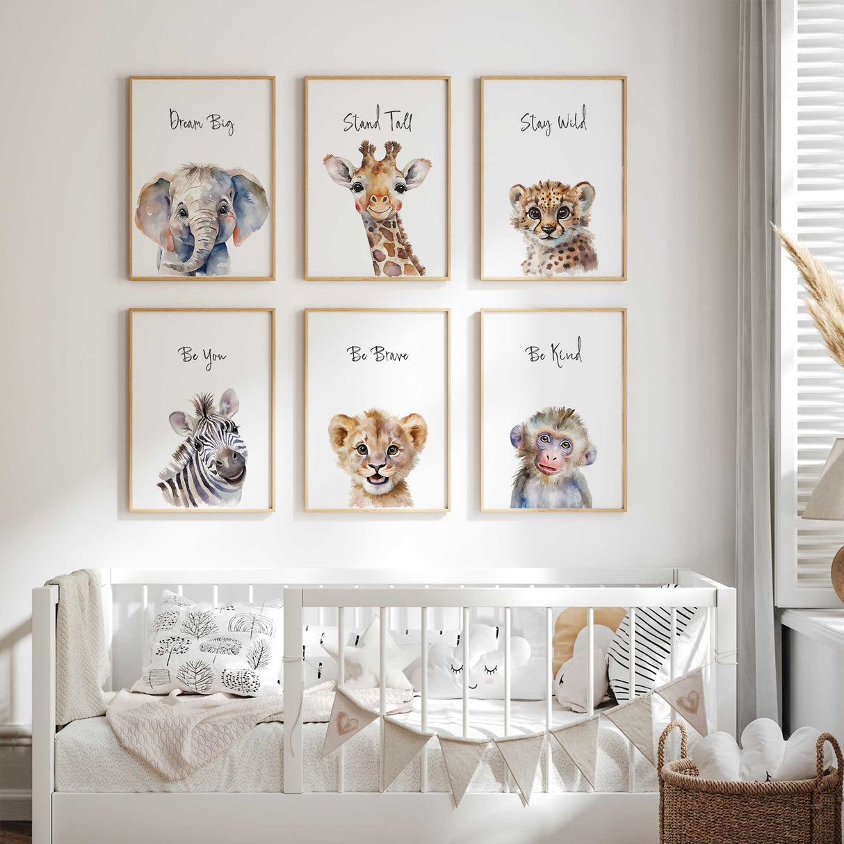 Inspirational safari animal nursery prints – jungle-themed wall decor with zebra, giraffe, monkey, lion, elephant, and cheetah artwork.