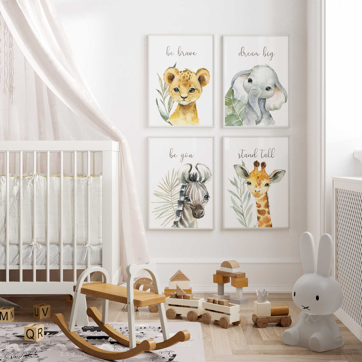 Safari nursery wall art set with lion, elephant, zebra, and giraffe inspirational quotes
