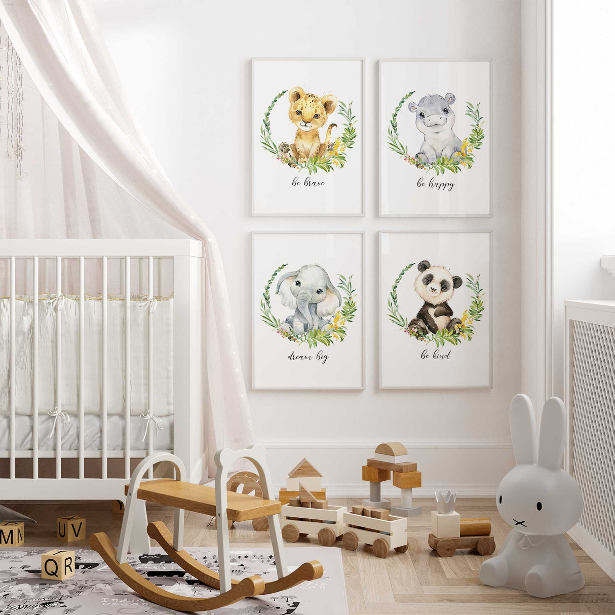 Safari animal nursery wall art set with motivational quotes