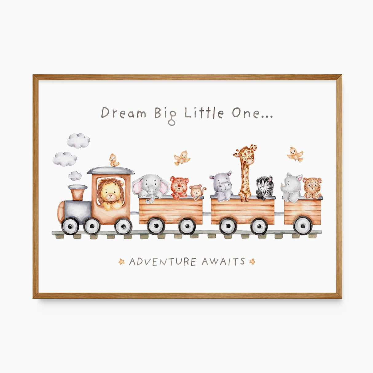 Safari animal train wall art with lion, elephant, monkey, hippo, giraffe, zebra, rhino, and bear in watercolour style