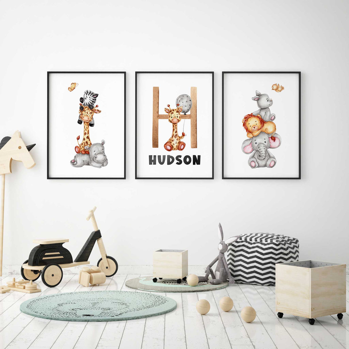 Safari animal print set for nursery walls, including elephant, lion, zebra, and more