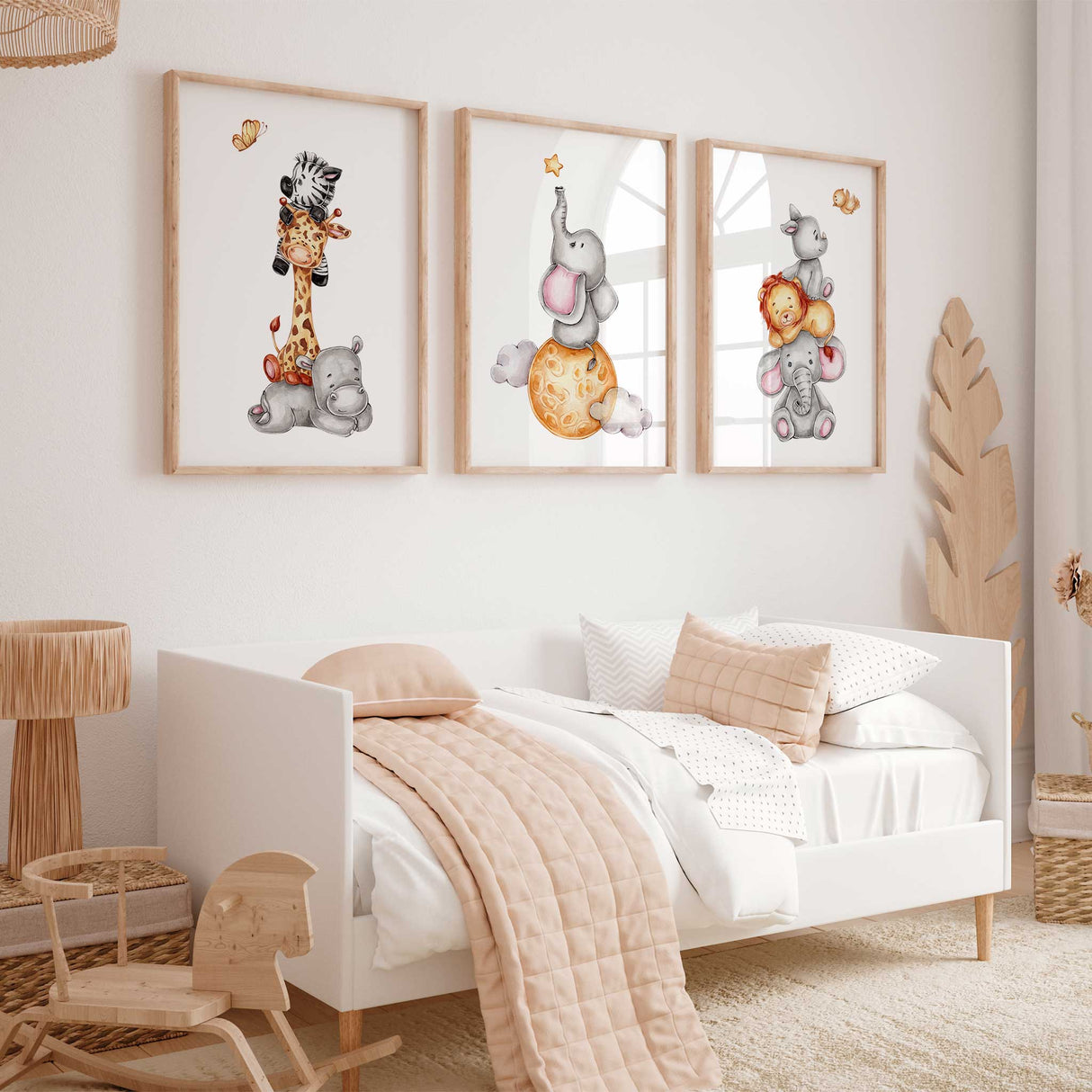 Whimsical jungle animal artwork set for baby or toddler room