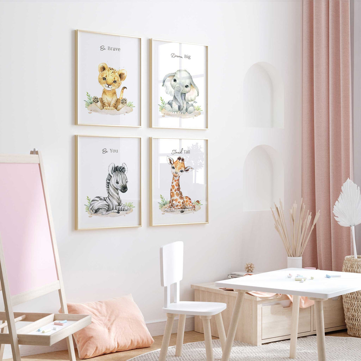 Safari baby animals nursery wall art set of four prints with affirmations for kids bedroom or playroom décor