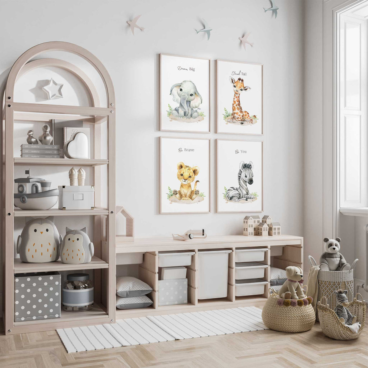 Safari baby animals wall art set of four prints with positive affirmations for nursery decor, unframed kids room artwork