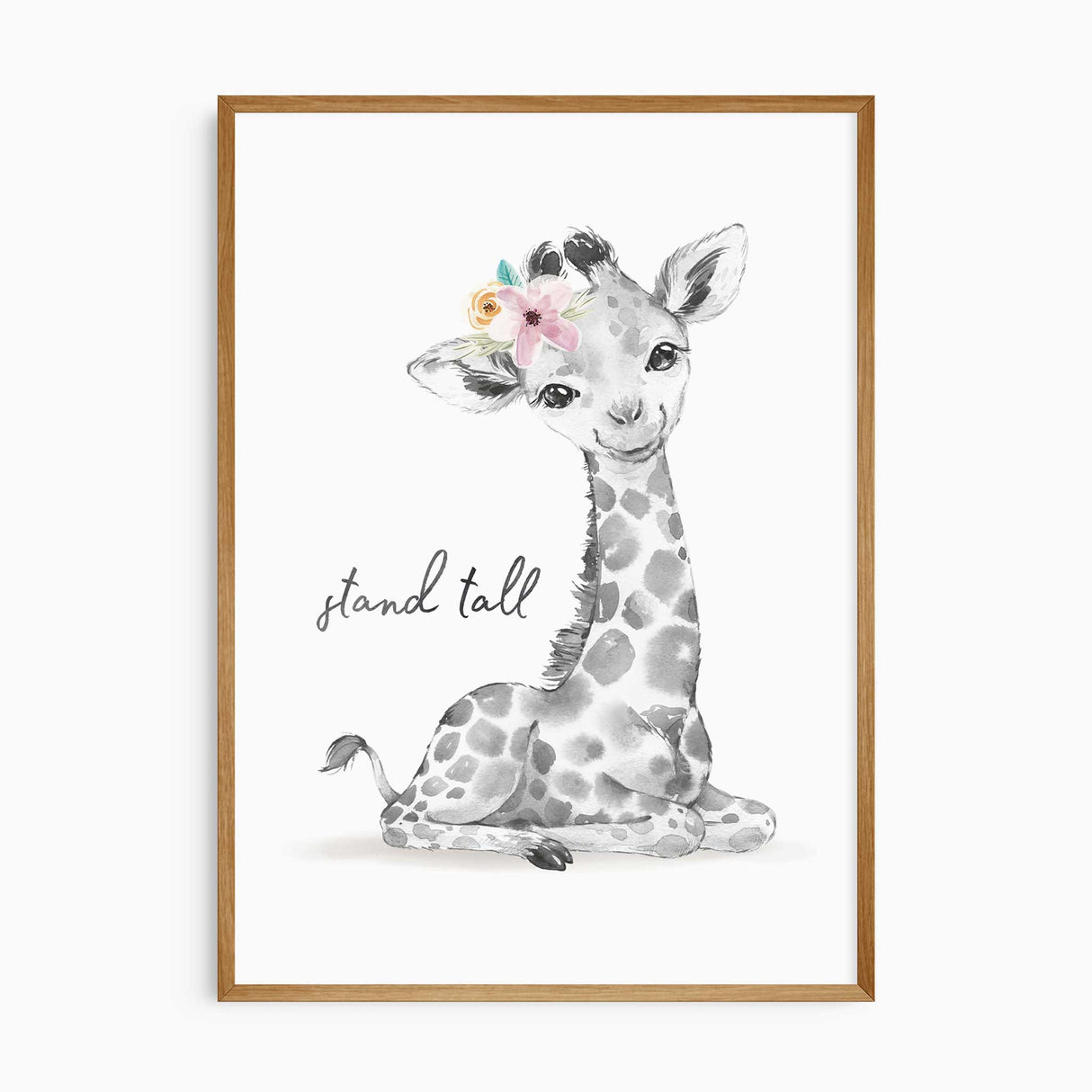 Watercolour giraffe nursery print with quote “Stand tall,” featuring a floral crown in soft pastel tones, perfect wall art for girls safari-themed nursery or bedroom.