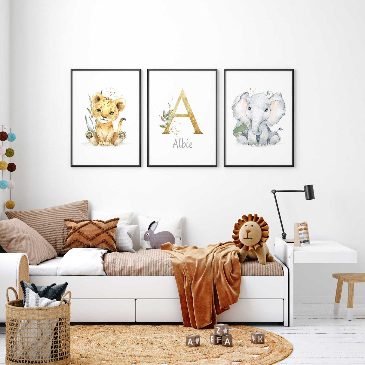 Safari initial name nursery wall art with personalised baby name