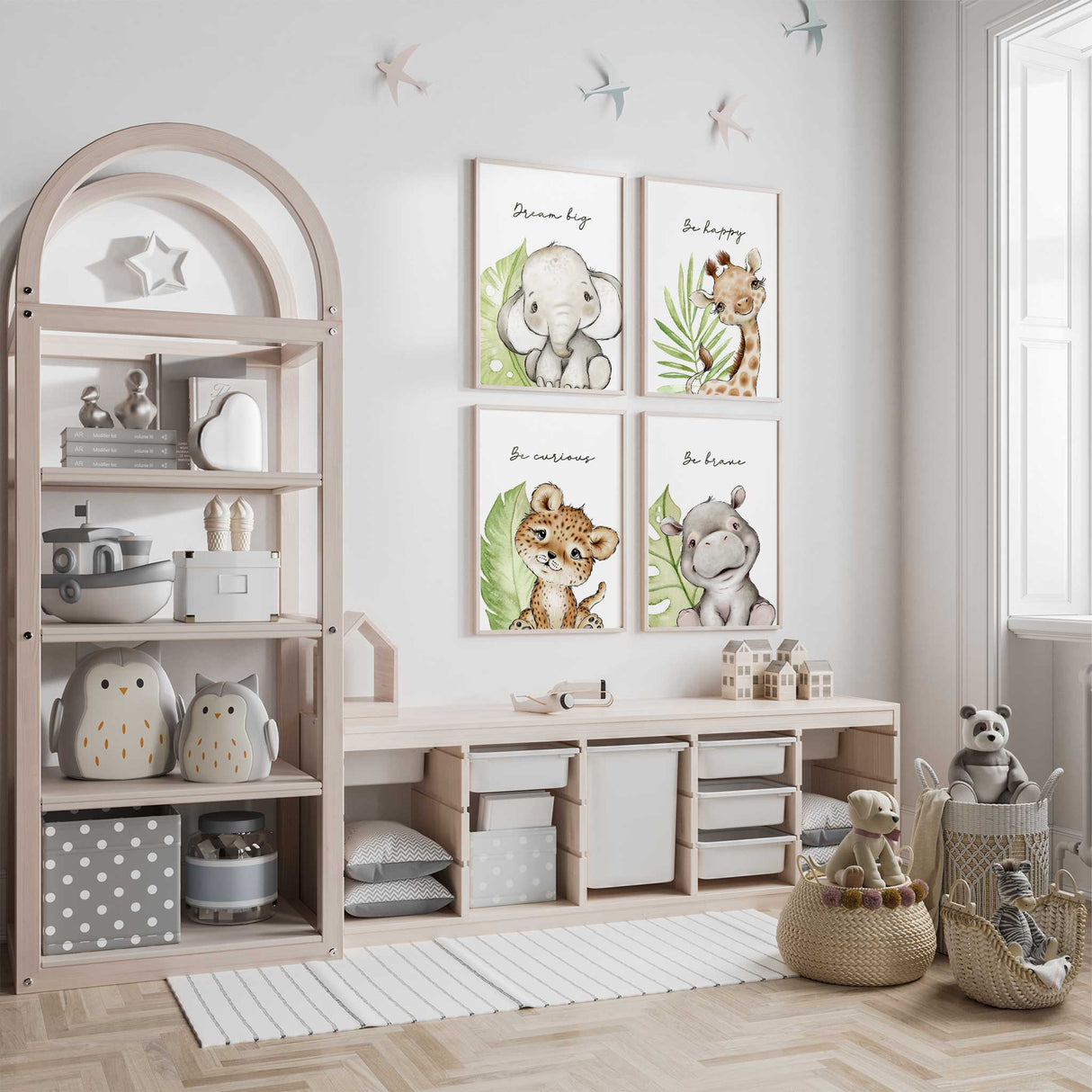 Safari jungle animal nursery wall art set of four prints with positive quotes, perfect for baby boys or girls room and playroom décor.
