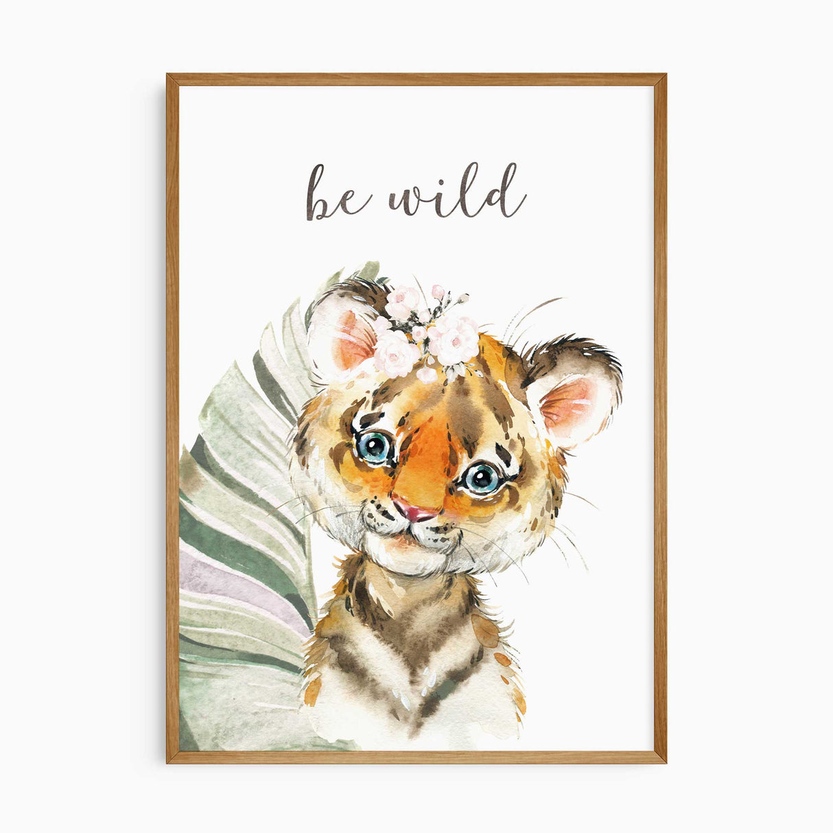Safari nursery gallery wall set with jungle animals and soft floral accents