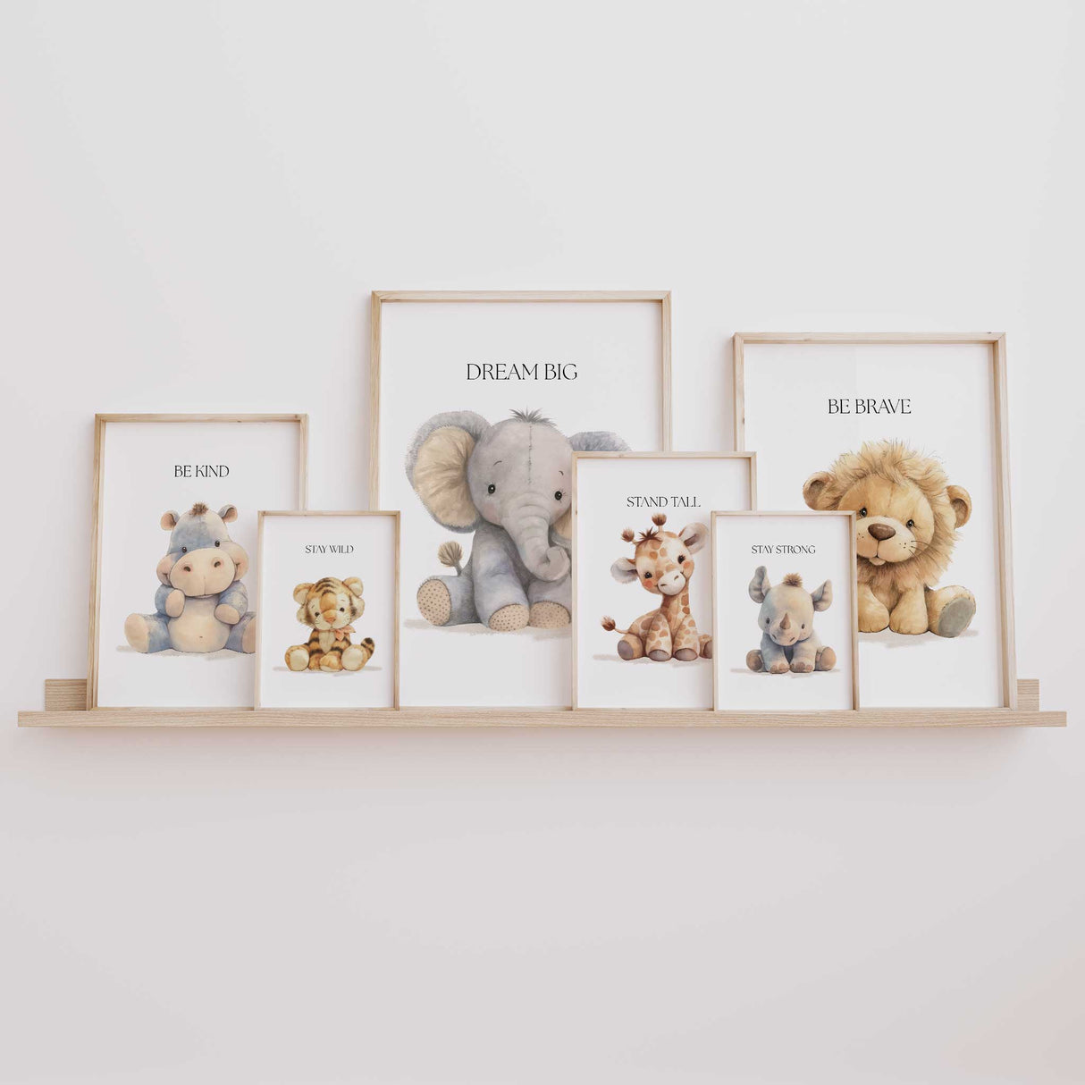Safari animal nursery prints with motivational quotes – elephant, lion, giraffe, hippo, rhino and tiger wall art for kids’ rooms