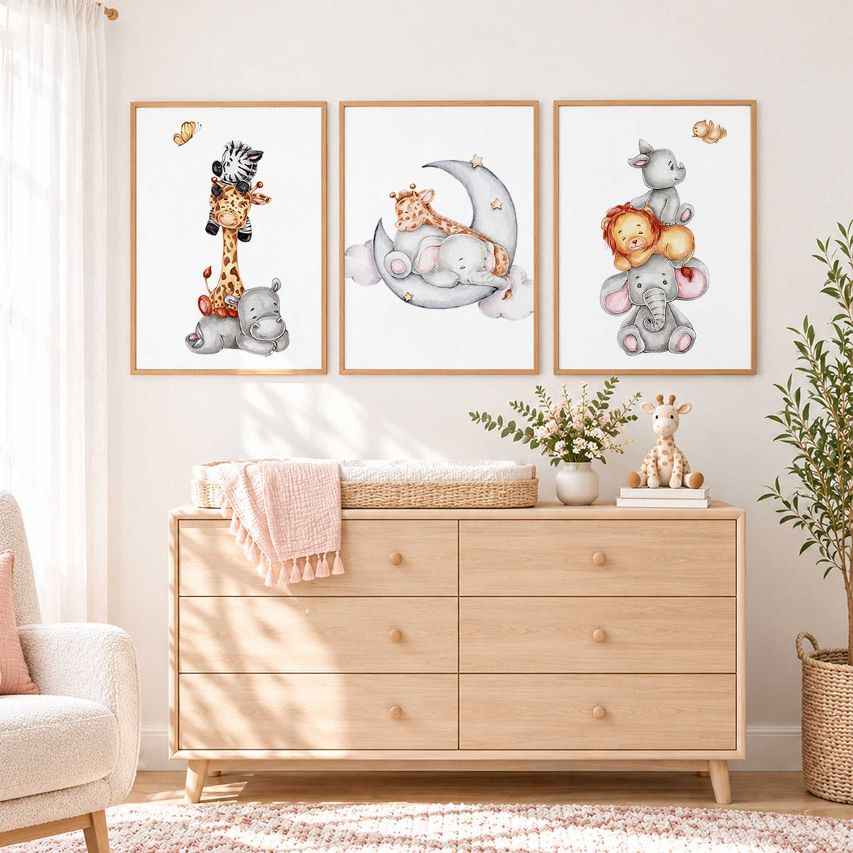 Safari print set with stacked baby animals, a blue-grey crescent moon, stars and clouds.