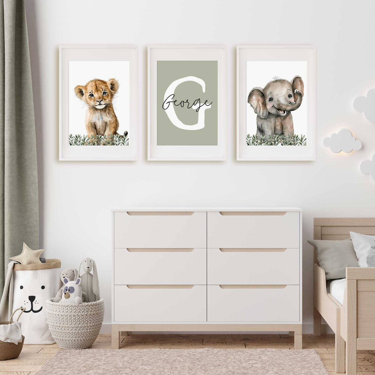 Safari nursery wall art set with lion, elephant and personalised name print for boys room or baby decor.