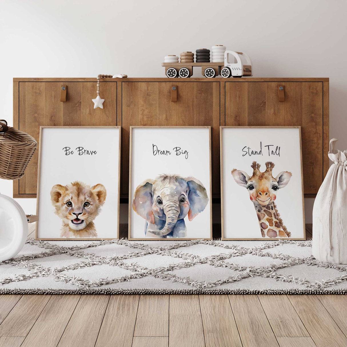 Safari nursery wall art with lion, elephant, giraffe prints