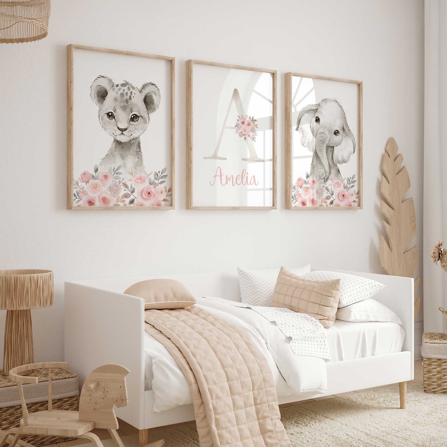 Personalised safari nursery wall art set for girls with pink and neutral tones