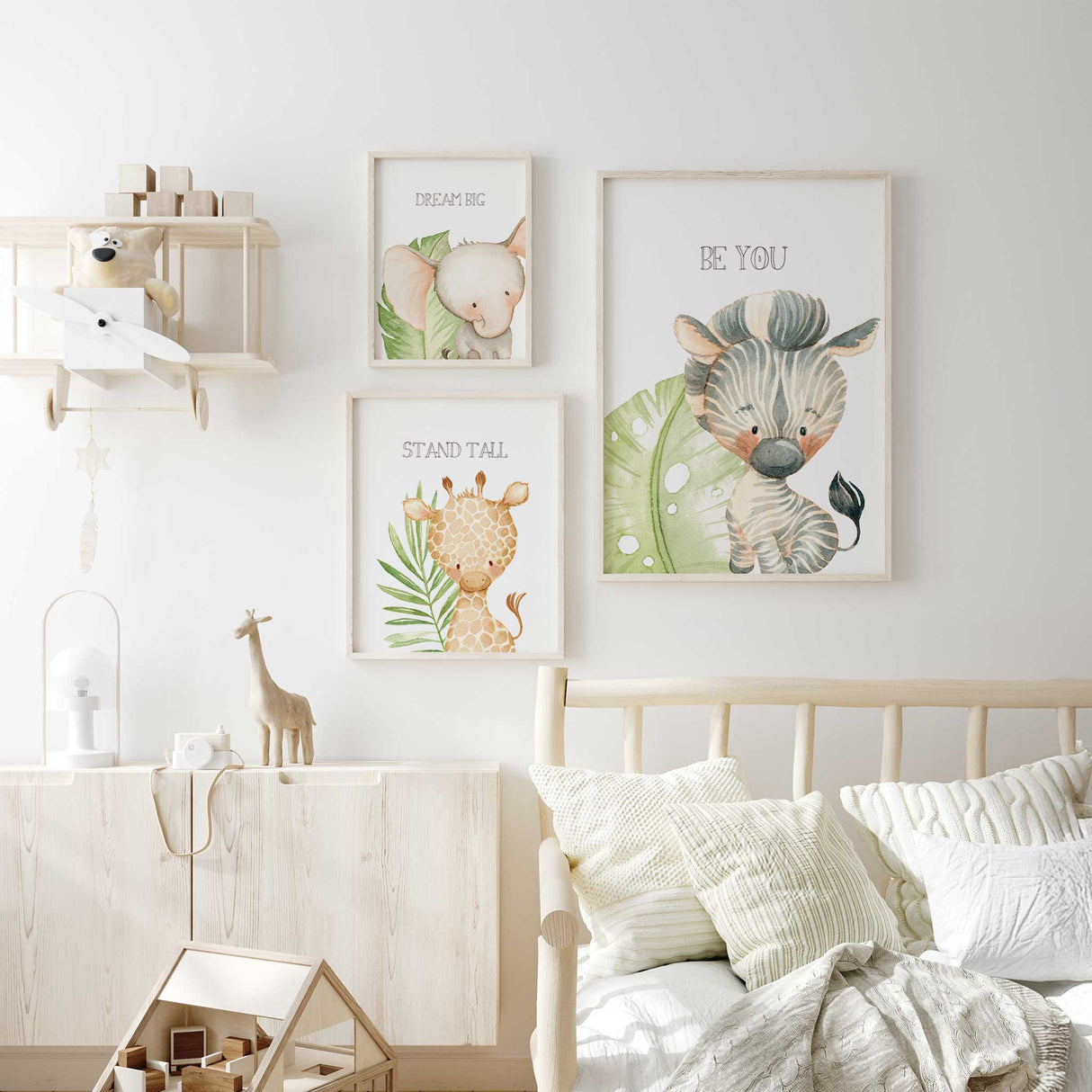 Safari nursery wall art set of 3 with giraffe zebra and elephant prints