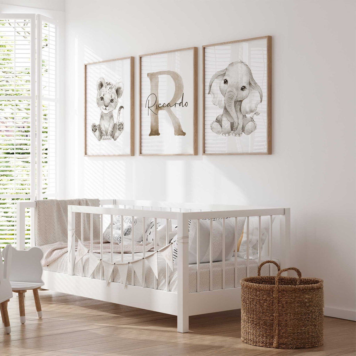 Personalised safari nursery wall art set of three prints with baby lion cub, elephant and custom name initial for kids bedroom décor