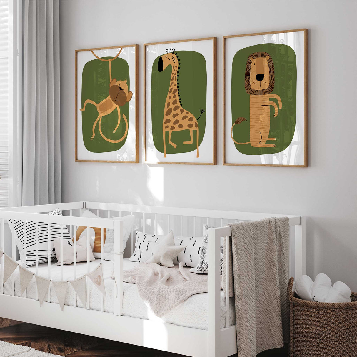 Safari playroom wall art set with playful animal characters