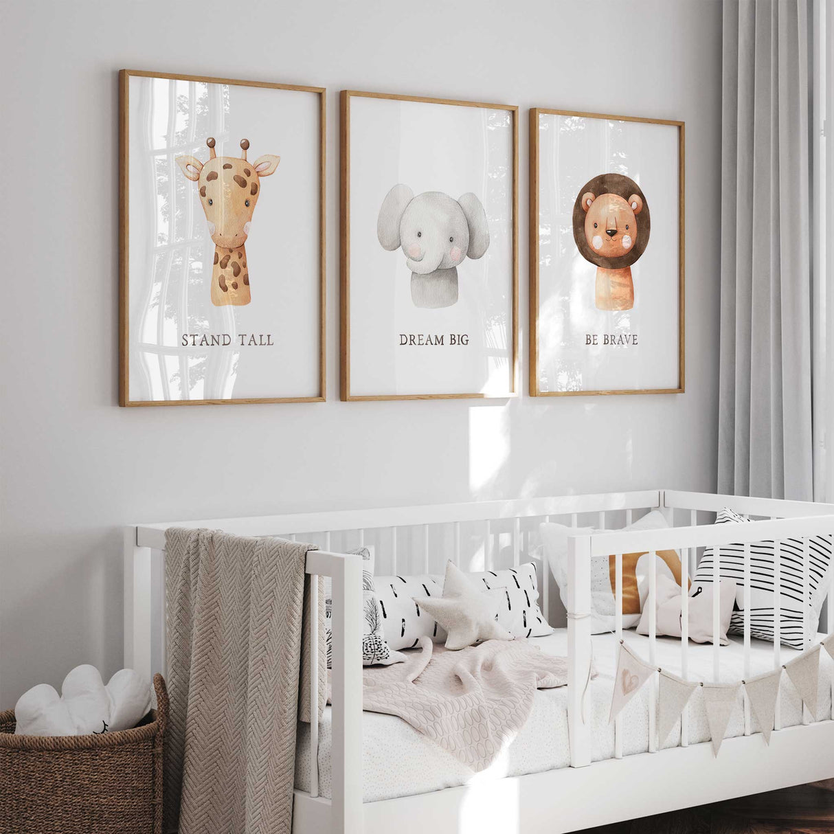 Set of 3 safari animal prints with lion, elephant, and giraffe for nursery wall decor