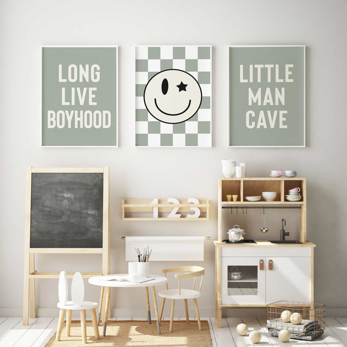 Sage green boys bedroom wall art set with modern typography and smiley face print