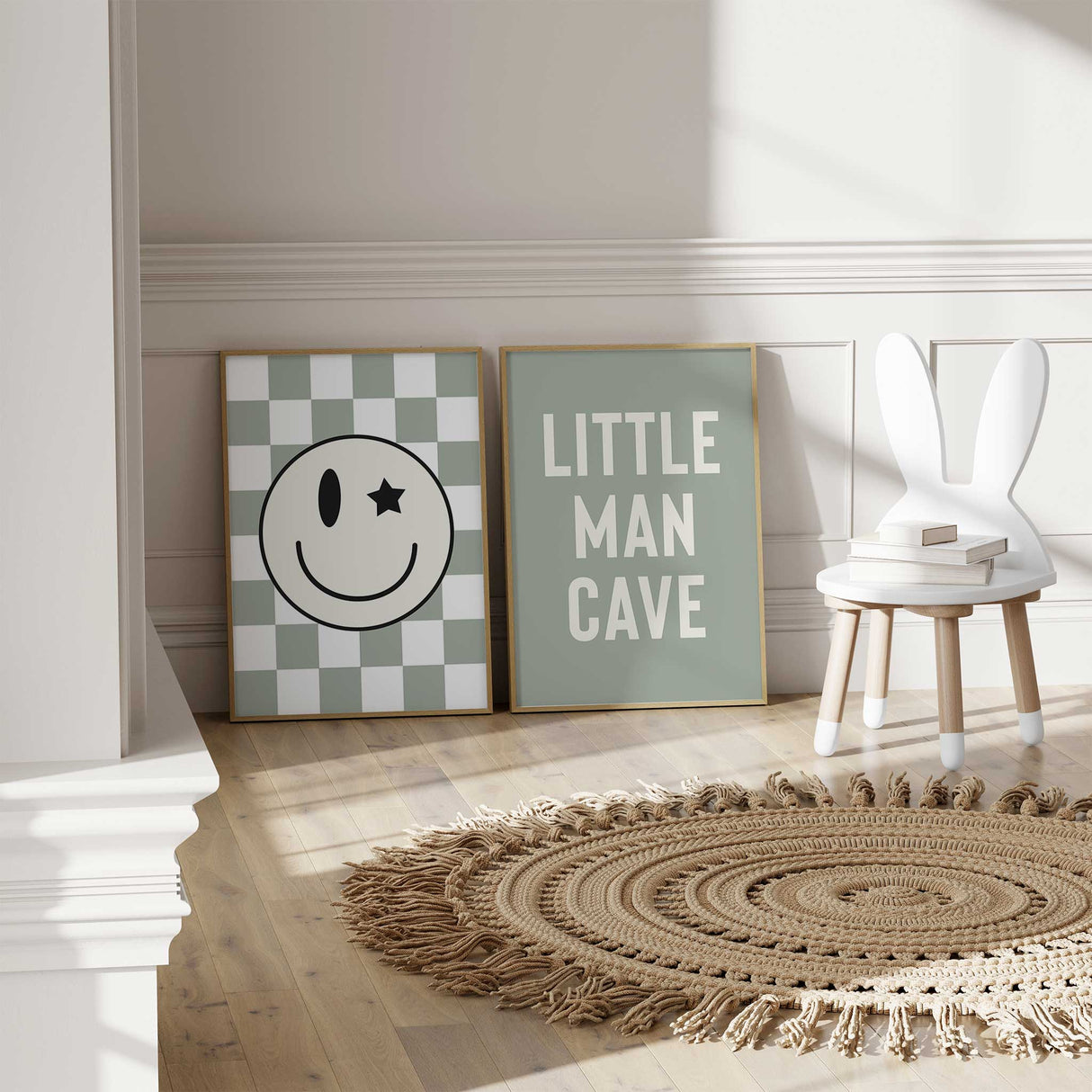 Sage green wall art set for boys featuring bold Little Man Cave text and happy face design.