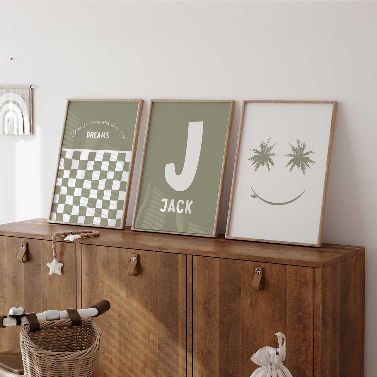 Sage green boys wall art set with personalised initial name print, checkerboard quote and palm tree smiley for kids bedroom or nursery
