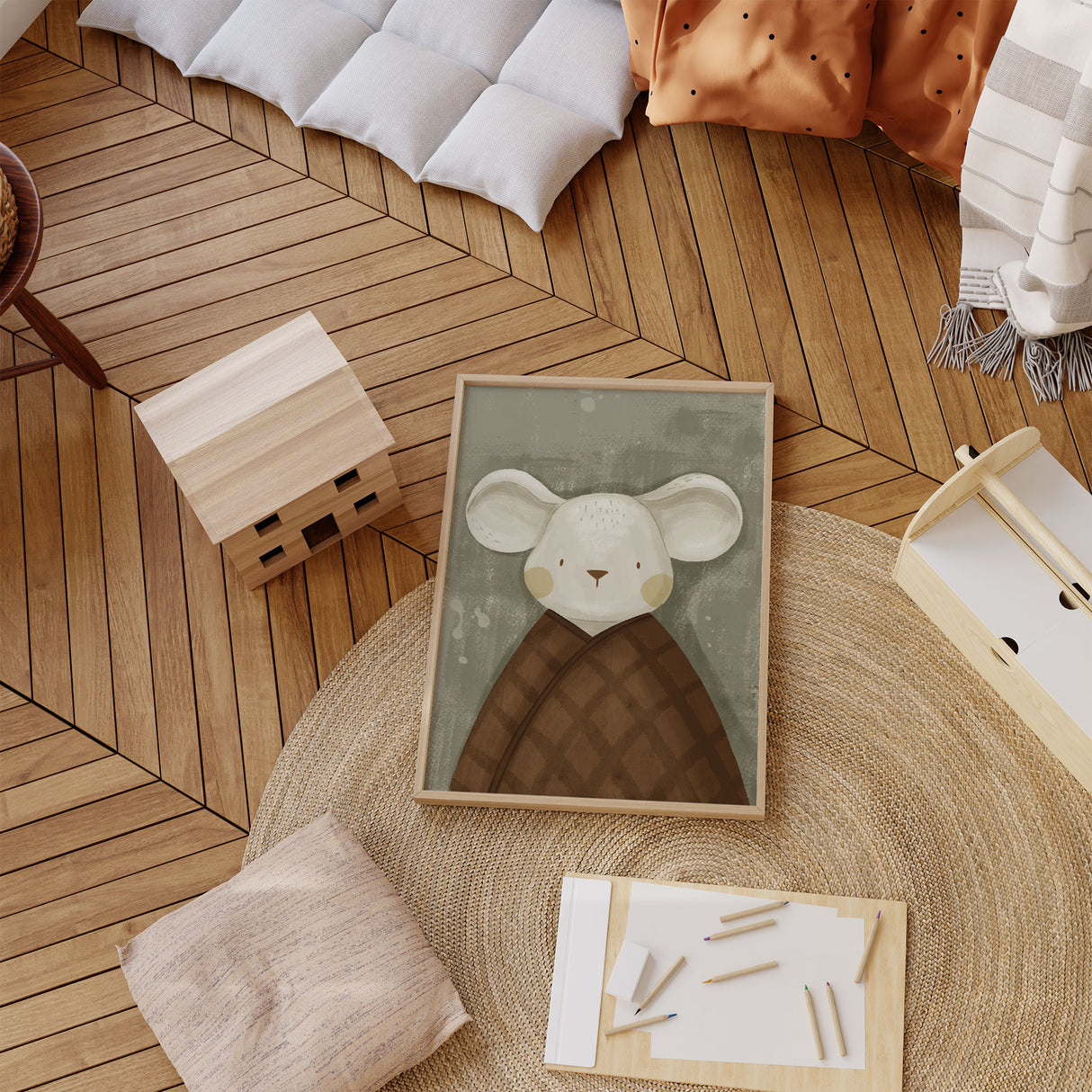 Sage mouse wall art for nursery and preschool spaces