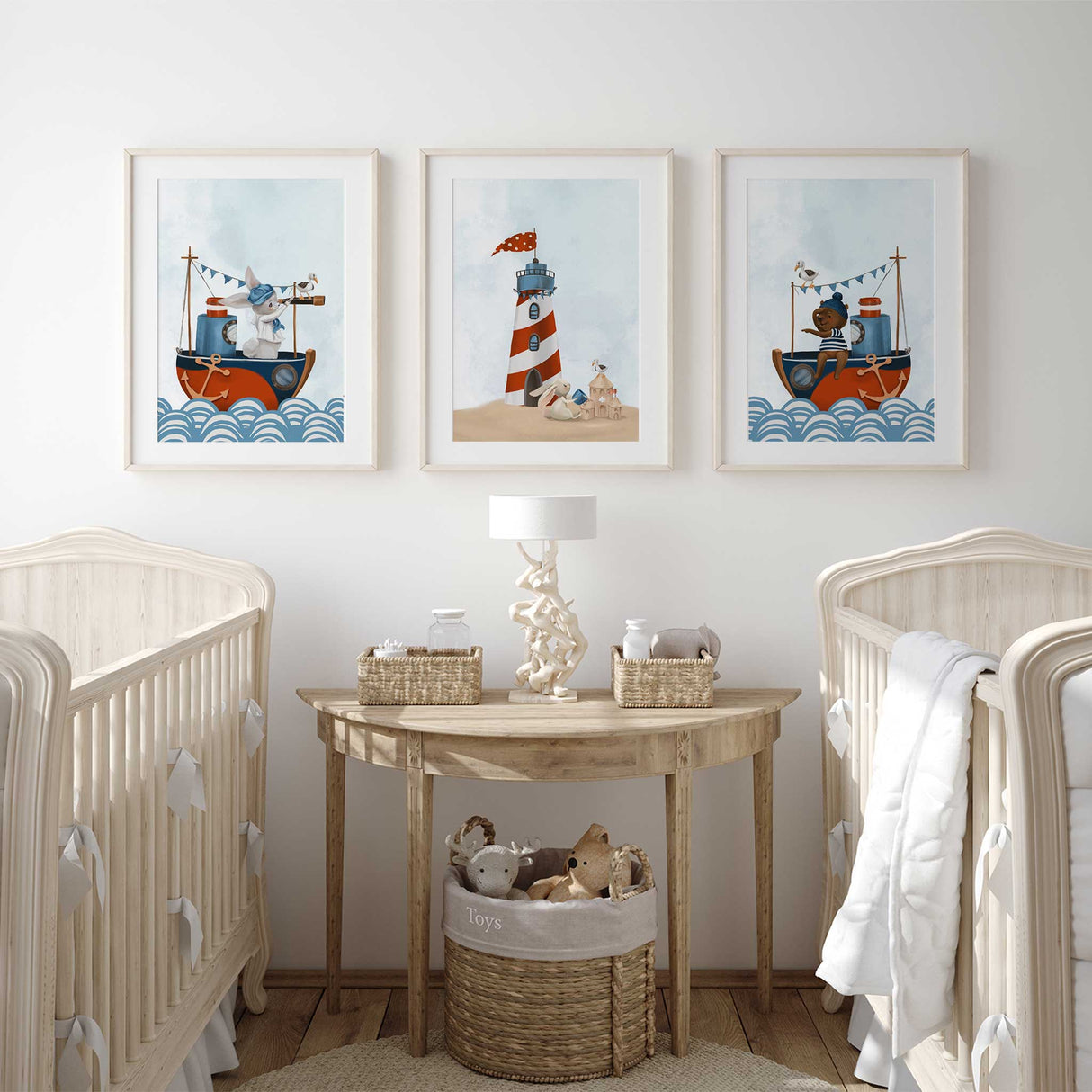 Sailing animals and coastal scene wall art – nautical prints for nursery or playroom