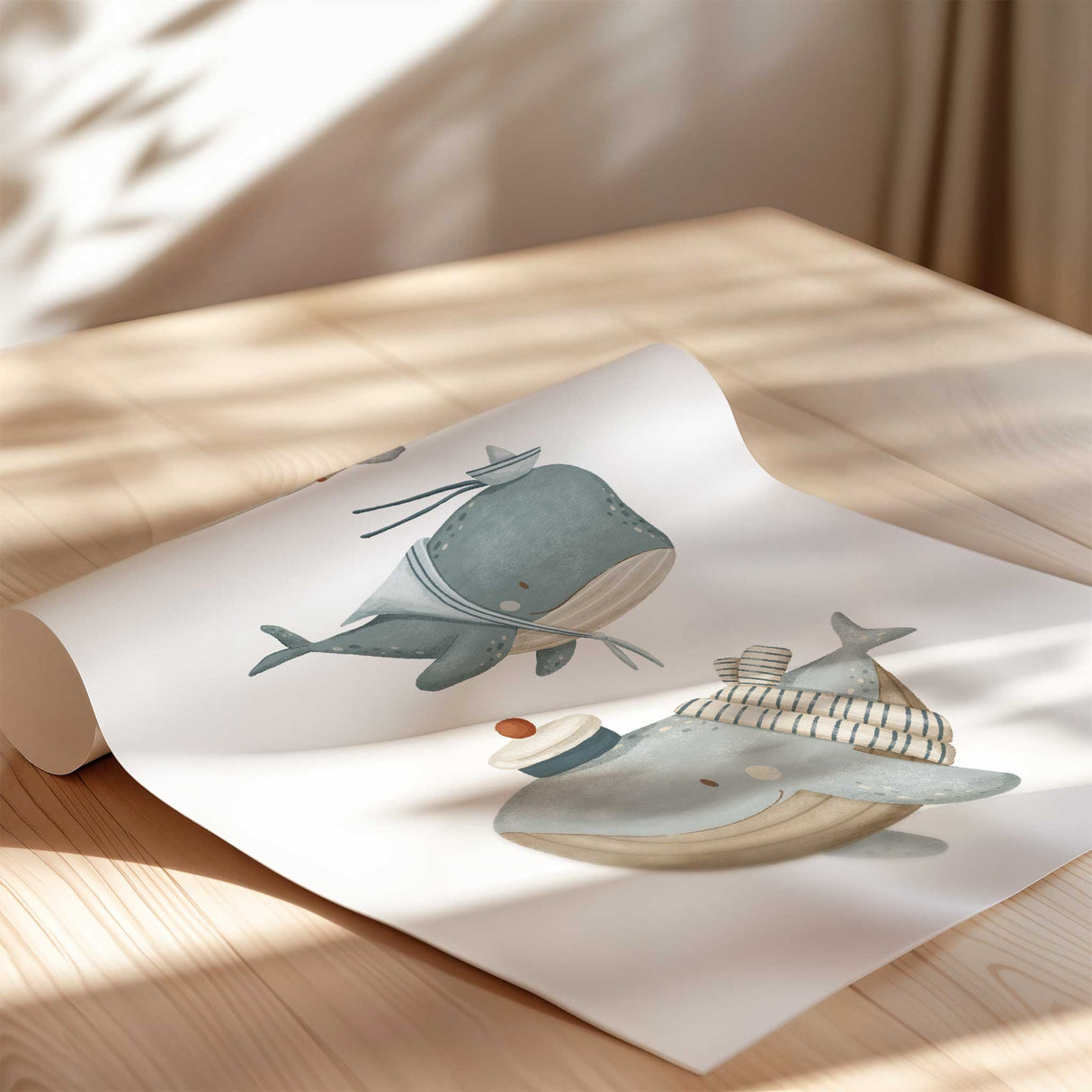 Three illustrated whales in sailor outfits, perfect for ocean nursery wall art or playful nautical kids room decor
