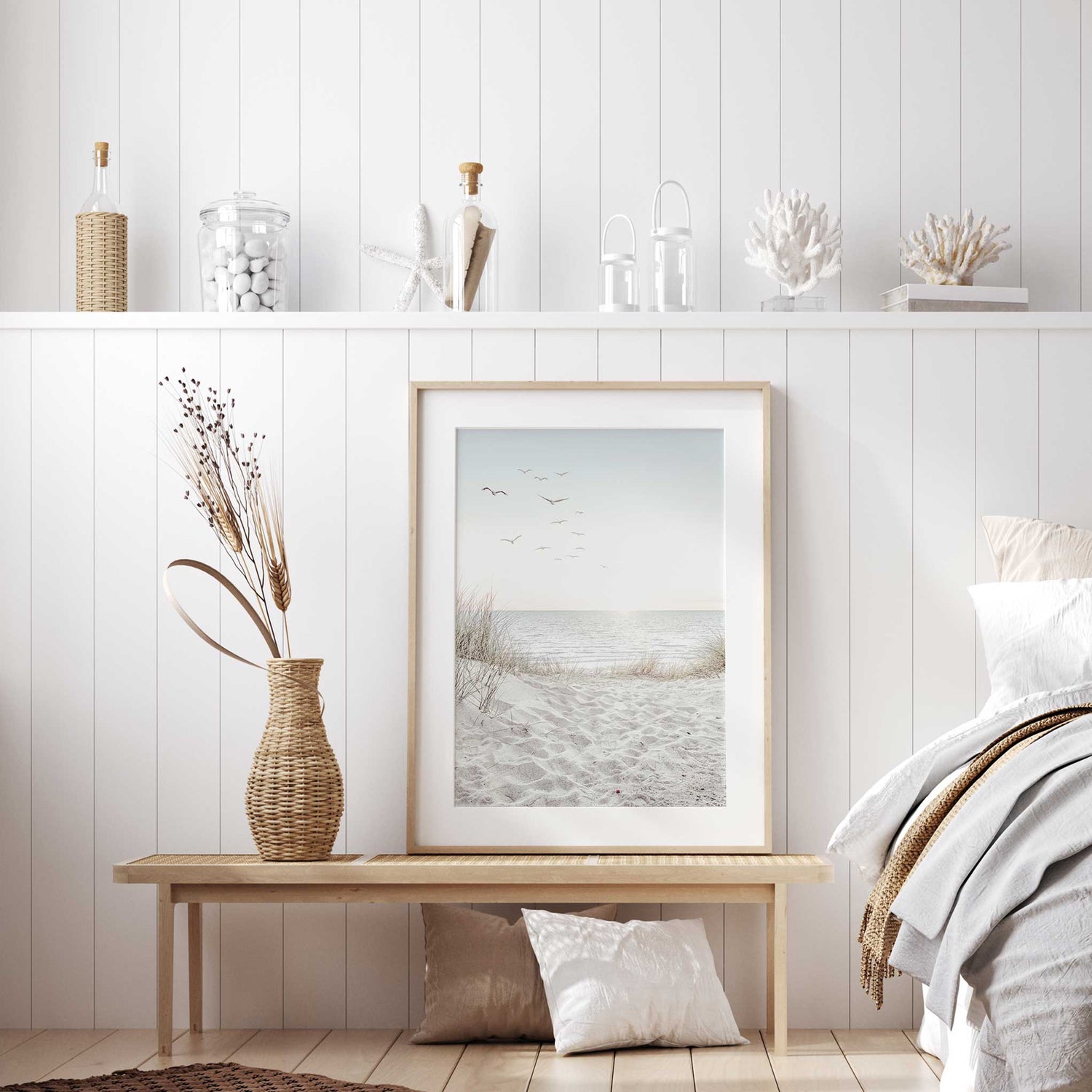Tranquil beach print featuring sand dunes and seagulls over the sea.