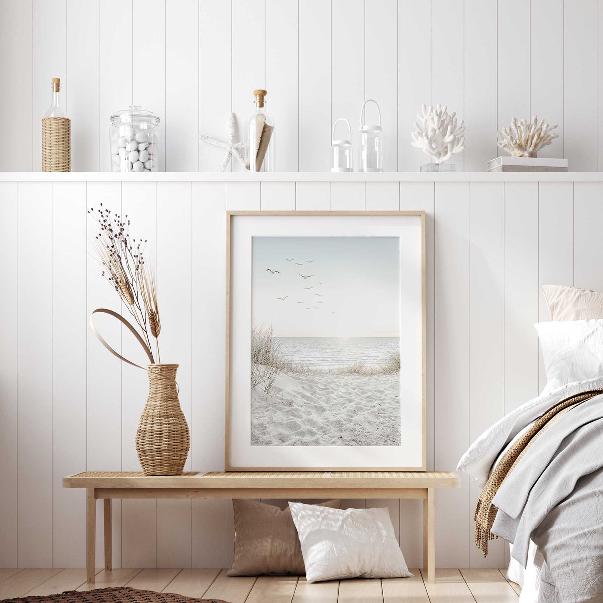 Tranquil beach print featuring sand dunes and seagulls over the sea.