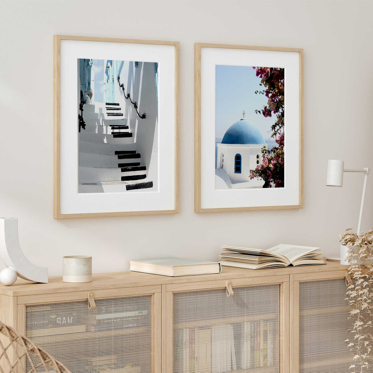 Blue dome church in Santorini, Greece – Mediterranean travel wall art print for coastal home decor.