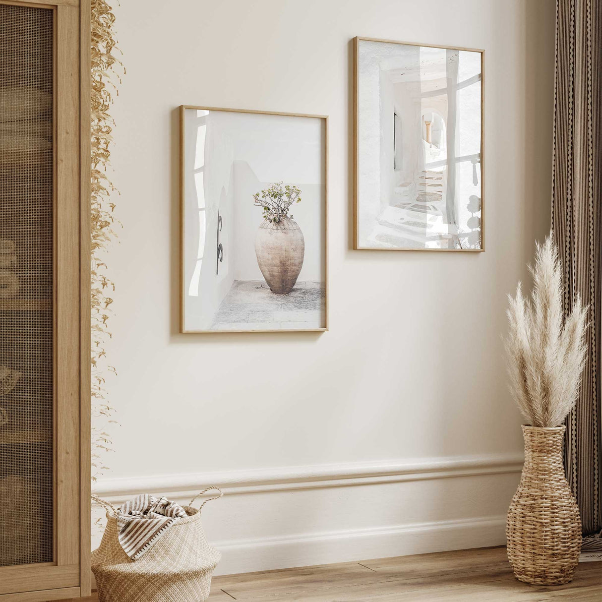 set of two mediterranean prints featuring white greek architecture and soft earthy tones