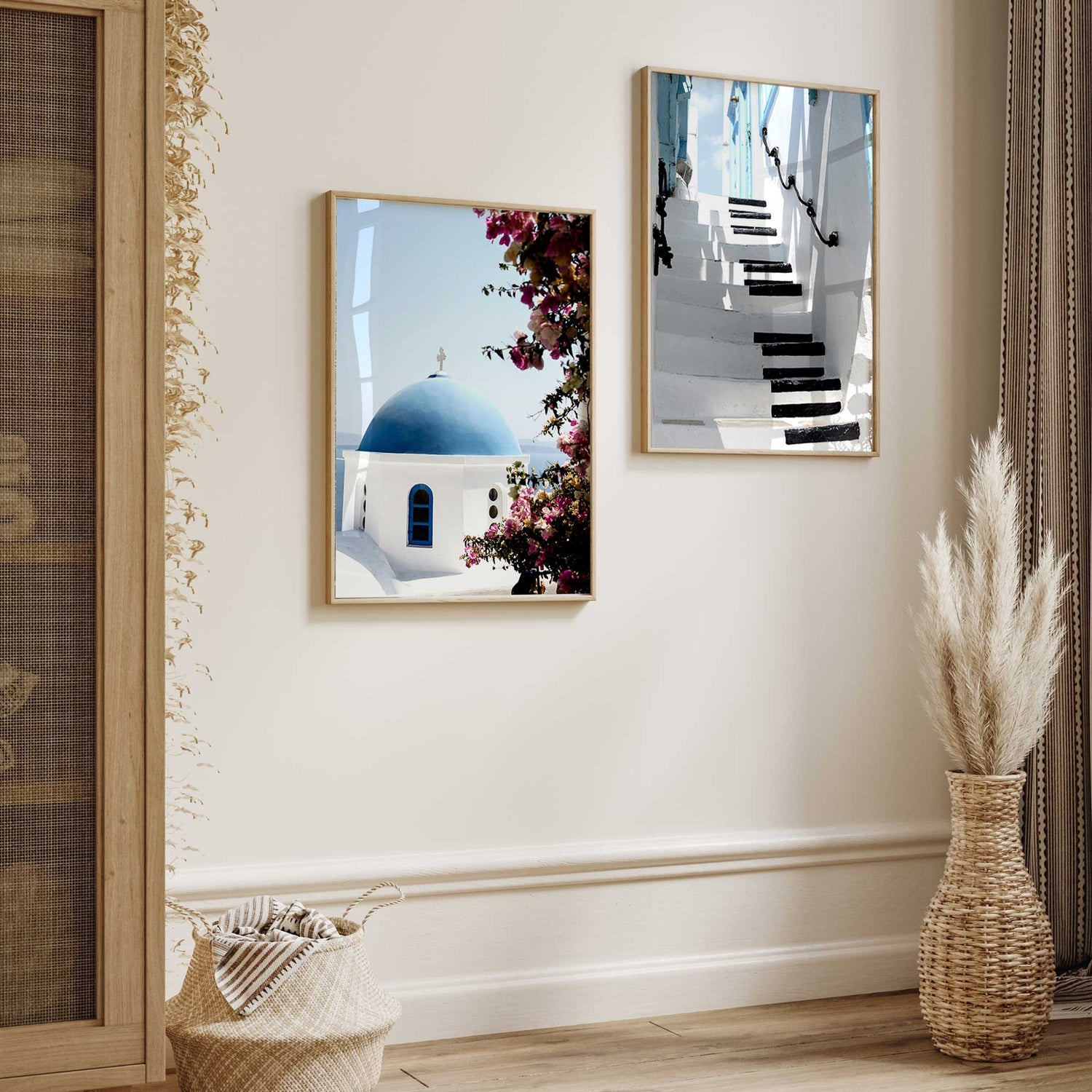 White staircase with shadows in Santorini, Greece – fine art travel photography print for modern interiors.