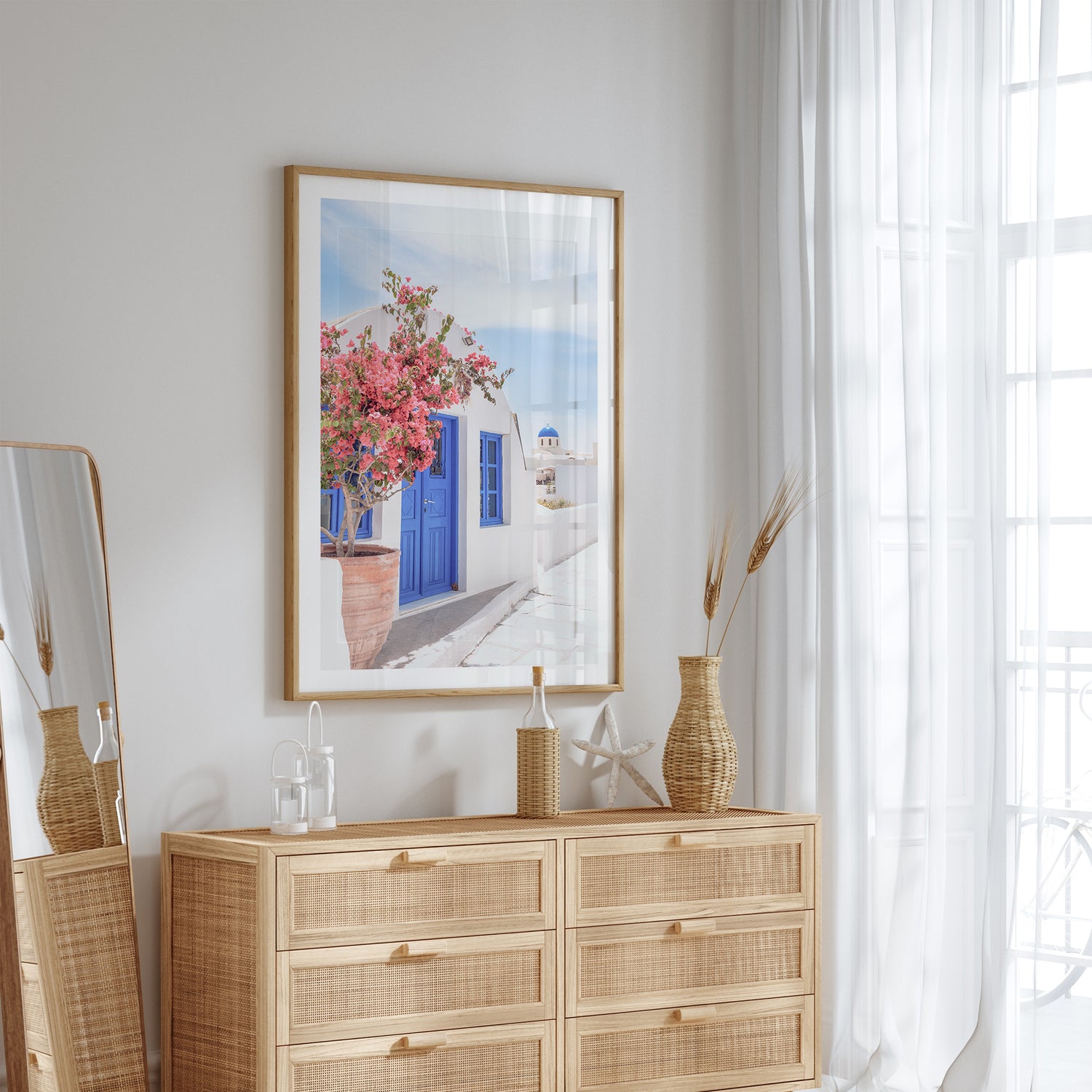 Santorini wall art print with bougainvillea and blue door