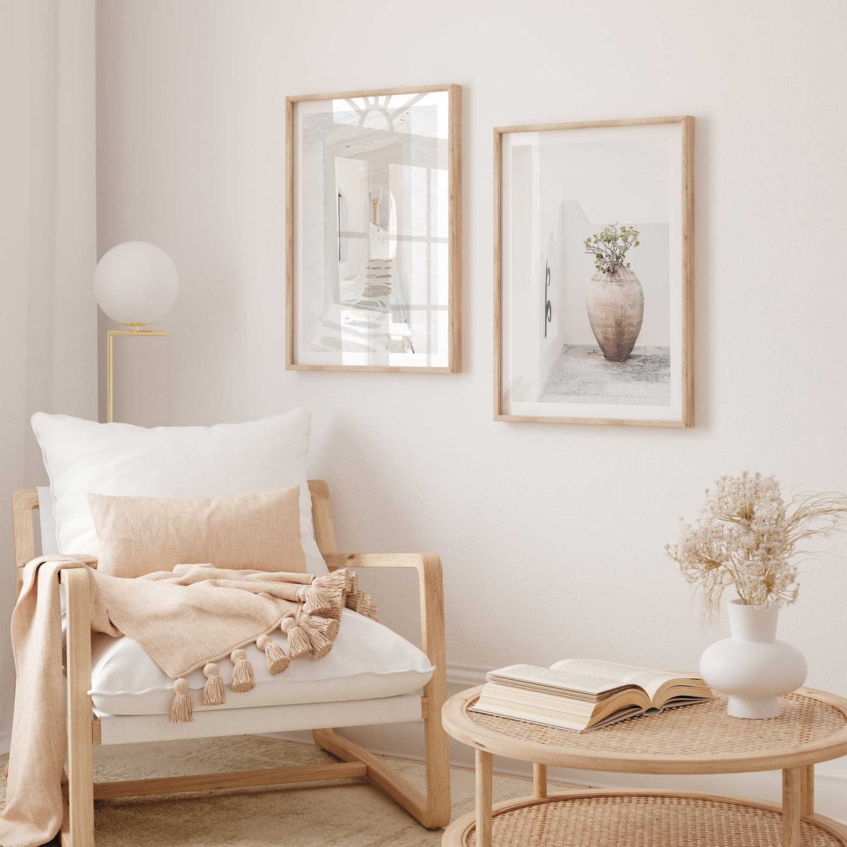 minimalist mediterranean wall art set showing bright white archway and terracotta urn scene