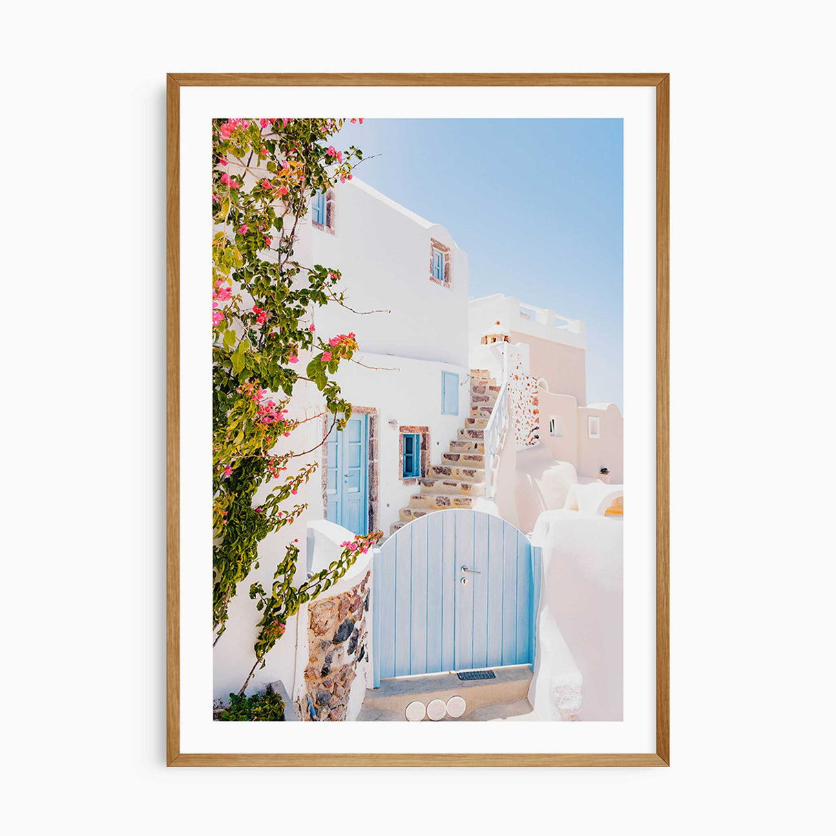 Santorini white house with blue gate and pink flowers, Mediterranean travel wall art print