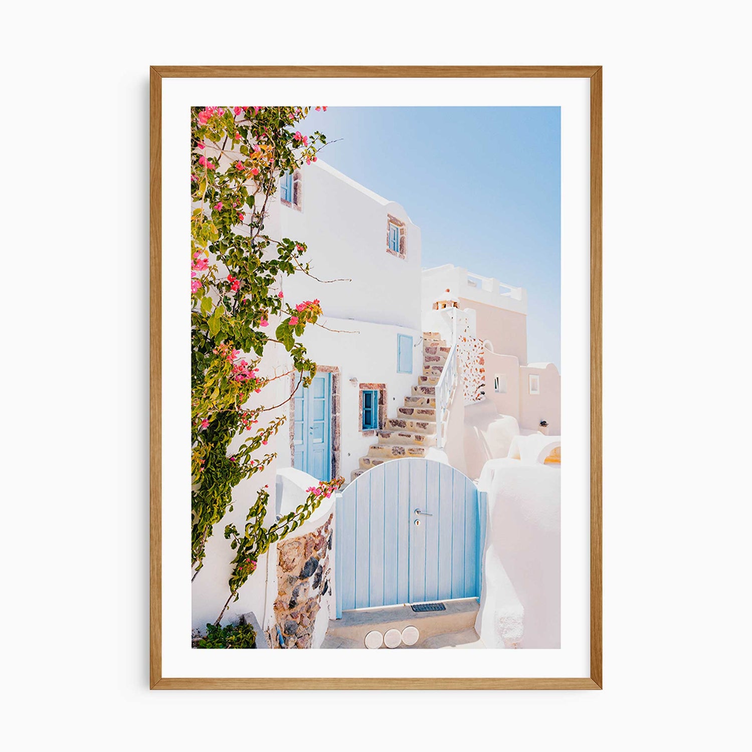 Santorini white house with blue gate and pink flowers, Mediterranean travel wall art print
