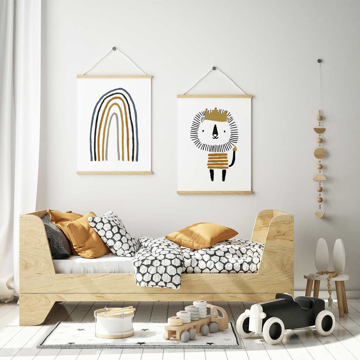 Scandinavian style lion and rainbow wall art prints