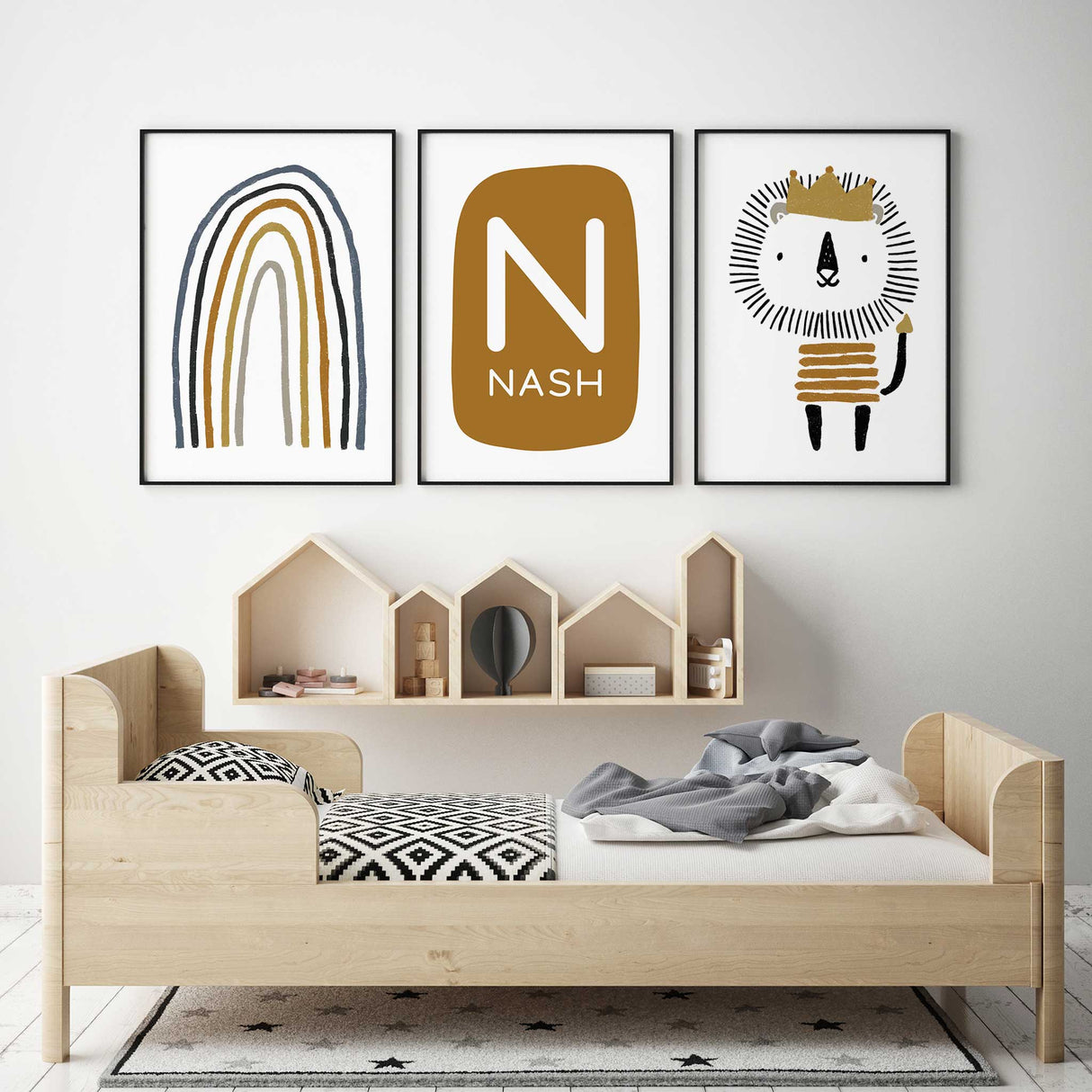 Scandi-inspired nursery art for boys in earthy modern tones