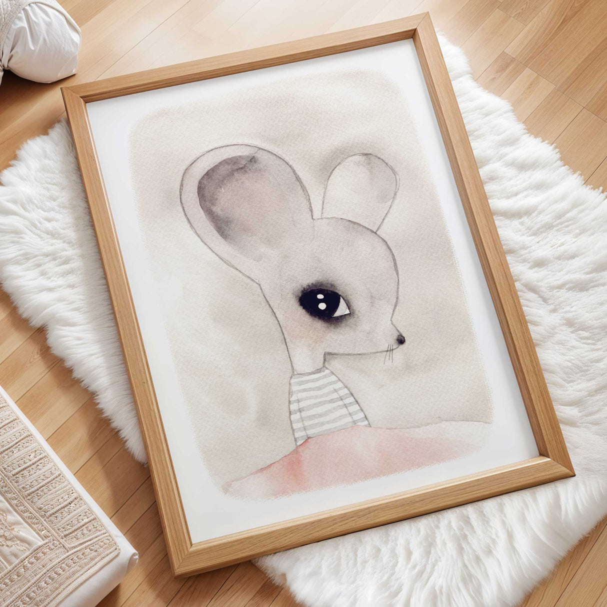 Scandinavian style mouse nursery wall art in gentle beige tones