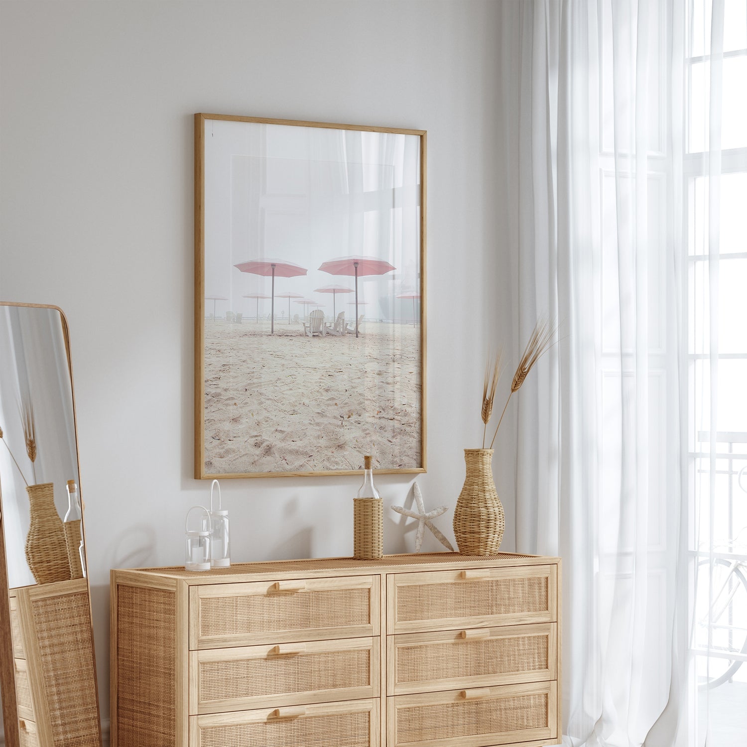 Scandinavian-style wall art print of a misty beach with pink parasols