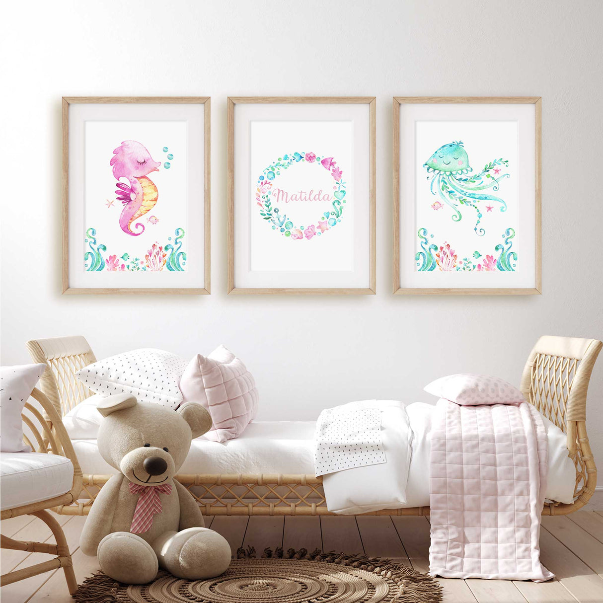 Ocean animal wall art set in pastel colours for girls’ nursery or playroom