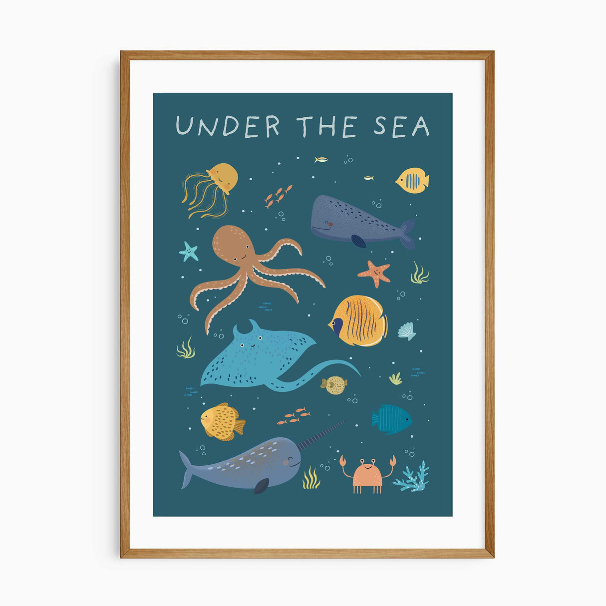A playful underwater scene featuring various sea creatures, including an octopus, whale, stingray, jellyfish, fish, and a crab, all drawn in a cute and friendly cartoon style on a deep blue background. The words UNDER THE SEA are written at the top.