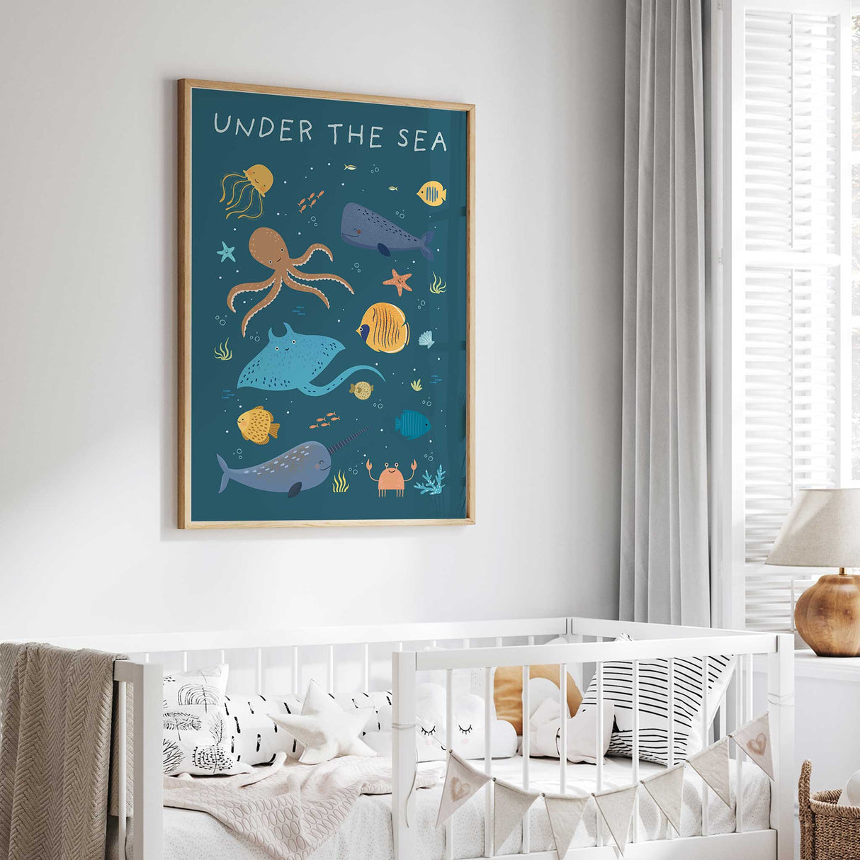 A deep-sea adventure-themed poster with friendly underwater creatures, including a large octopus with a smile, a majestic whale, and a cute crab waving its claws. The artwork has soft colors and a hand-drawn aesthetic.