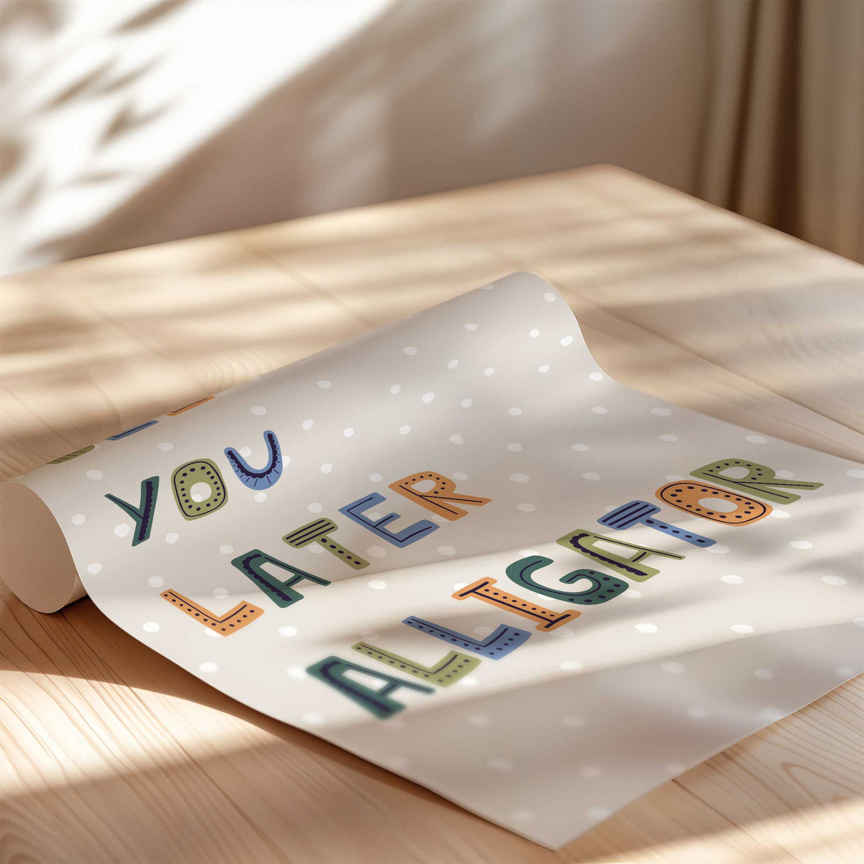 Colourful “See You Later Alligator” wall print with playful typography on neutral polka dot background for kids nursery or playroom