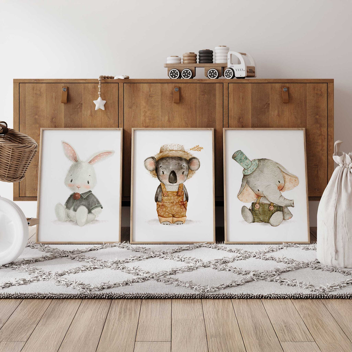 Animal wall art set of 3 with bunny, koala and elephant, gender neutral nursery prints.